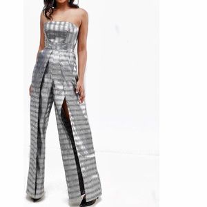 Split Leg Silver Jacquard Bandeau Jumpsuit